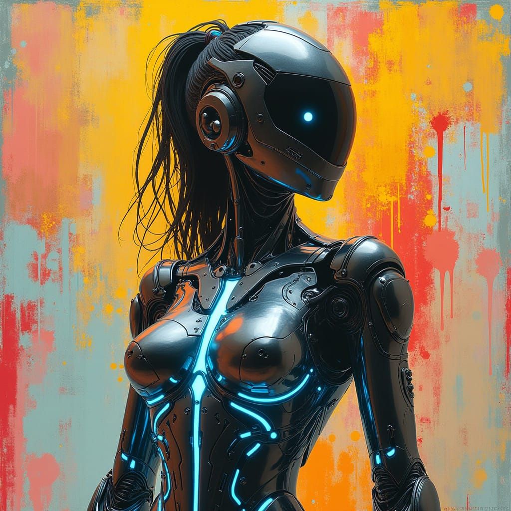 Futuristic Female Figure in Metallic Exosuit, Dynamic Pose w...