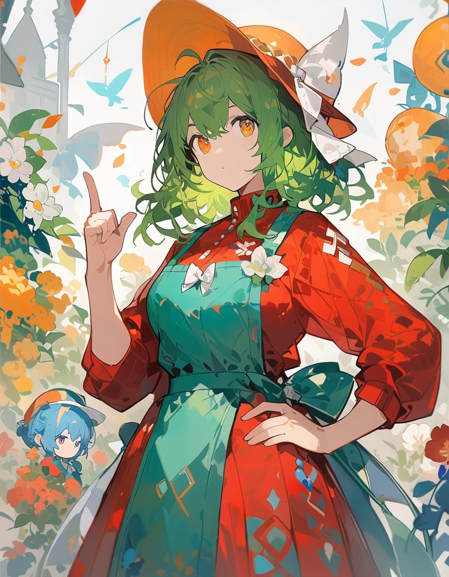 Anime-Style Woman with Green Hair and Red Dress