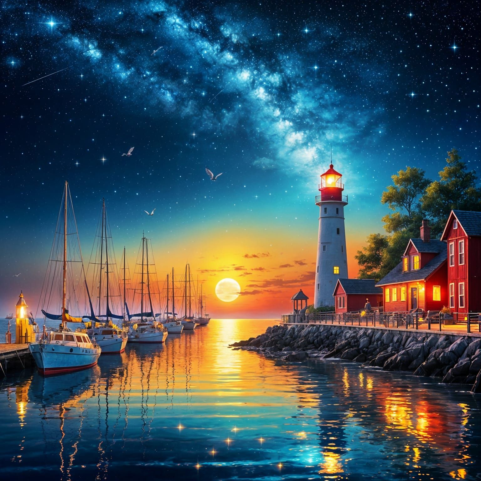Magical Neon Sunset with Sailboats and Lighthouse