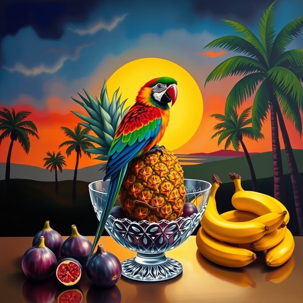 Vibrant Parrot Among Tropical Fruits in Abstract Art