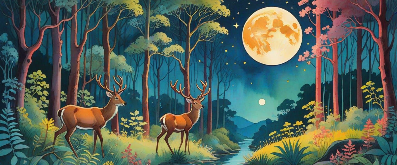 Enchanted Forest at Night in Pastel Comic Style