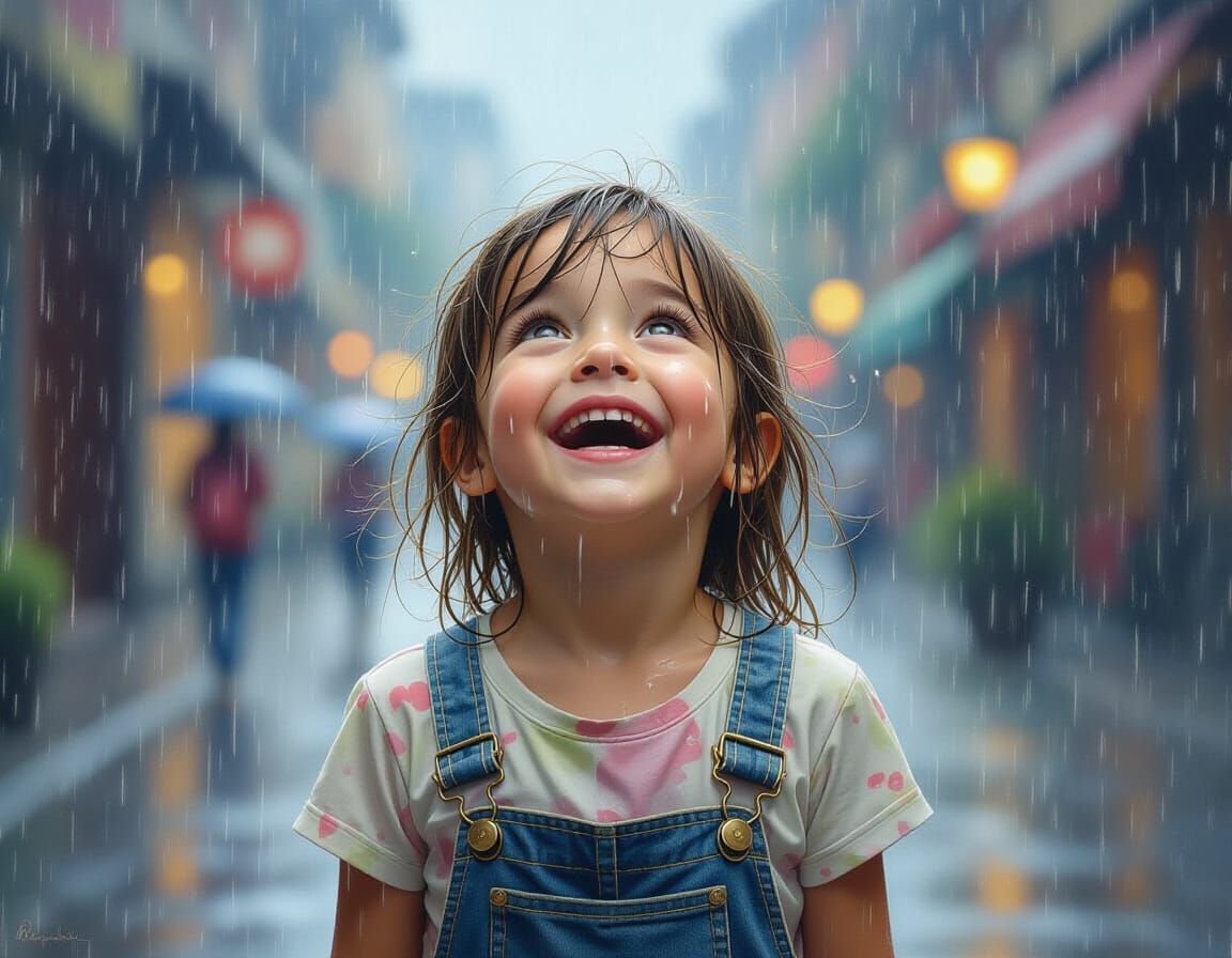 Joyful Child in Rainy Weather: Fine Art Portrait