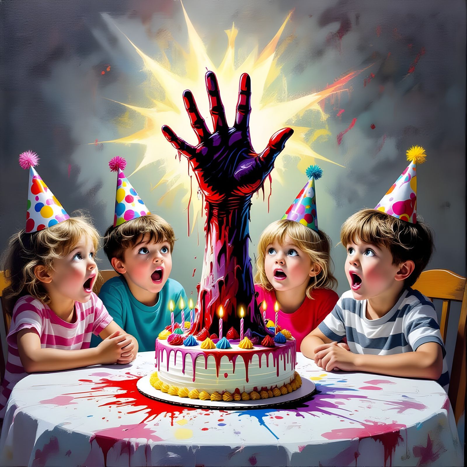 Frightened Children At Birthday Cake With Ghoulish Hand