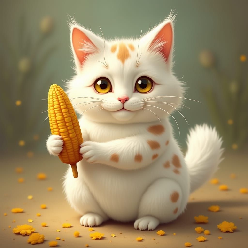 Whimsical Cat with Corn Dog in Beatrix Potter Style