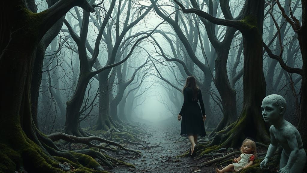 Surreal Horror Labyrinth with Ghostly Lights