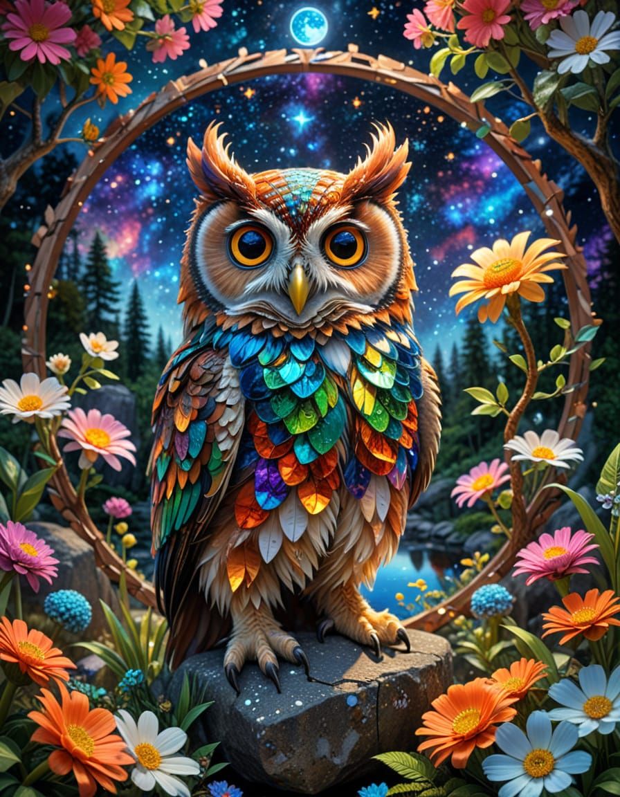 Kaleidoscope Owl in Rainforest with Starry Sky