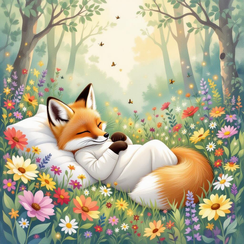 Baby Fox Dreaming in Magical Flower Garden