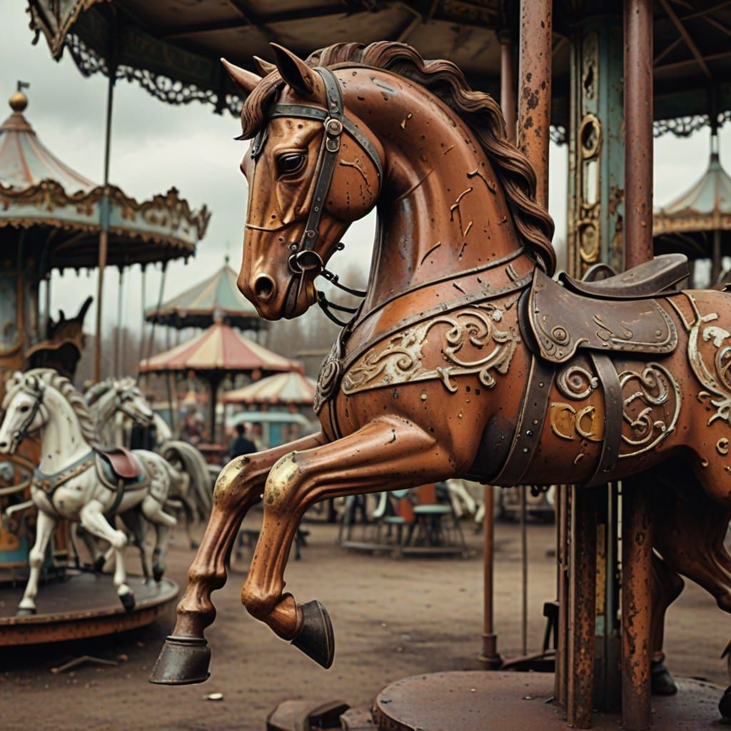 Rusted Carousel Horse in Dilapidated Merry-Go-Round
