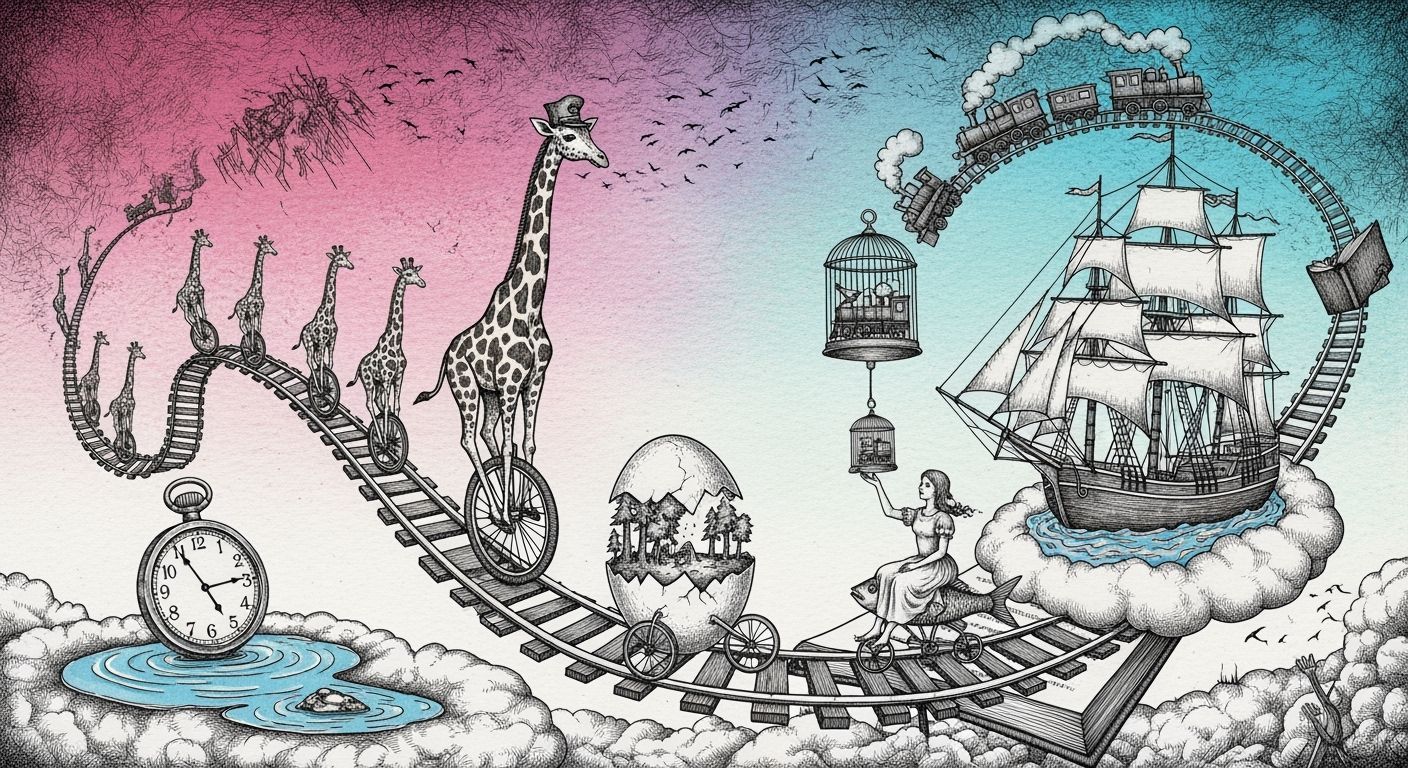 Surreal Giraffe on Unicycle on Railway Track
