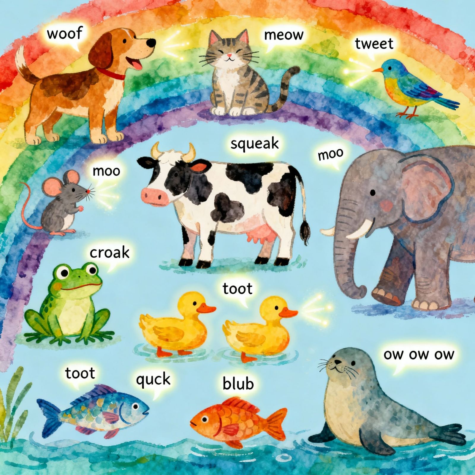 Vibrant Children's Book Illustration of Animals and Their So...