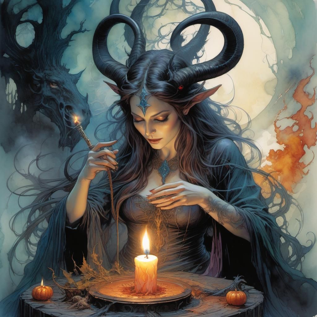 Witch's Sacrifice to Baphomet in Watercolor Style