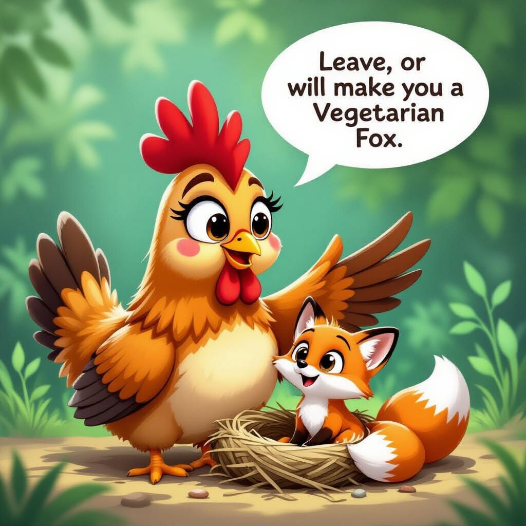 Cartoon Chicken Protects Nest from Cute Fox