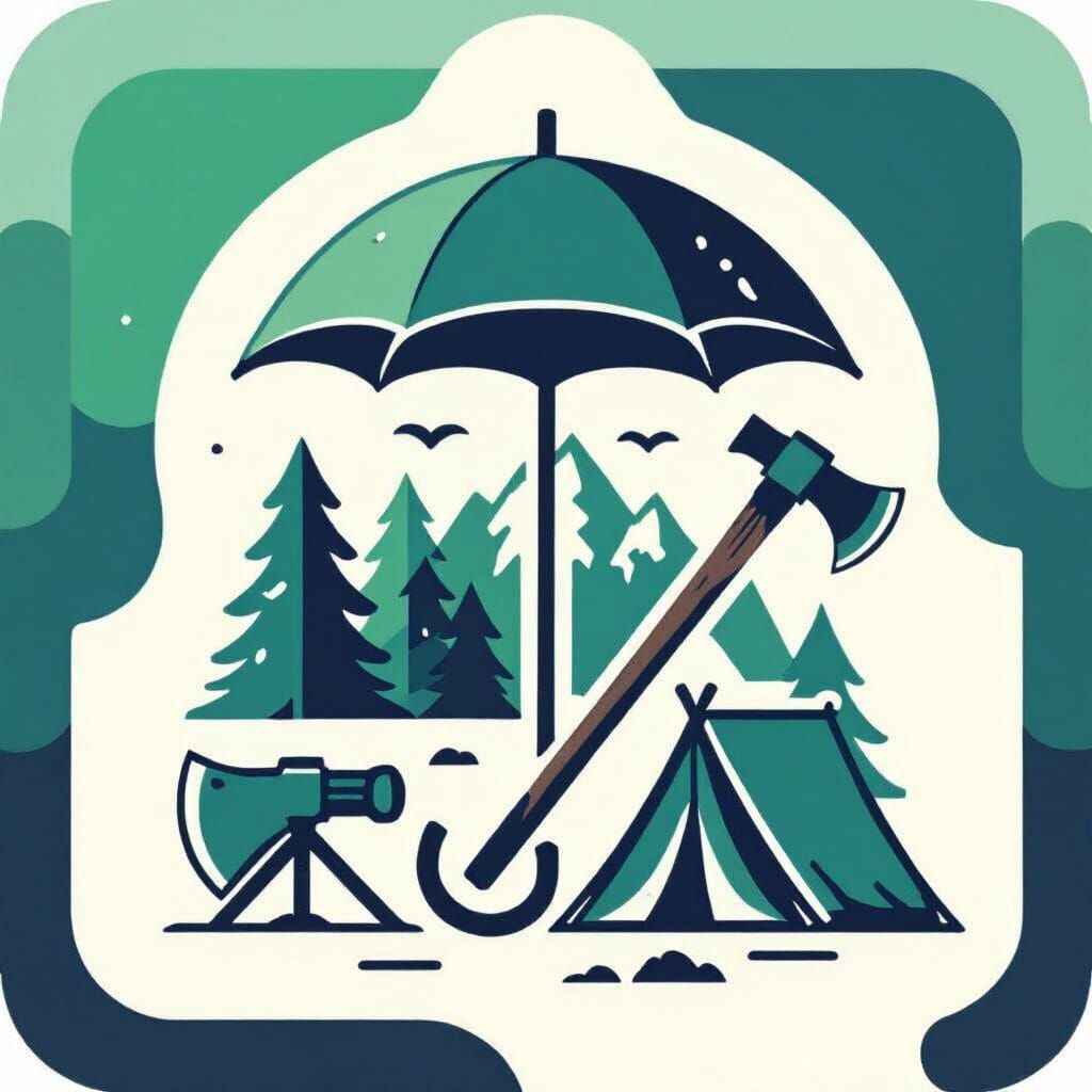 Outdoor Adventure Icon: Umbrella, Tent, Axe, and Forest