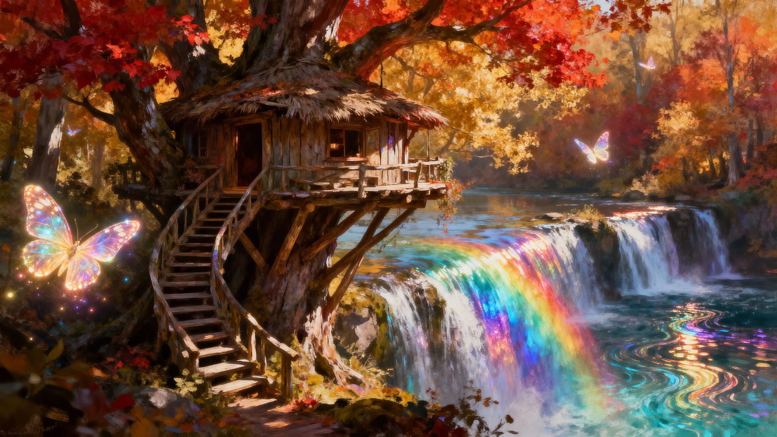 Enchanting Autumn Treehouse Hideout with Rainbow Waterscape