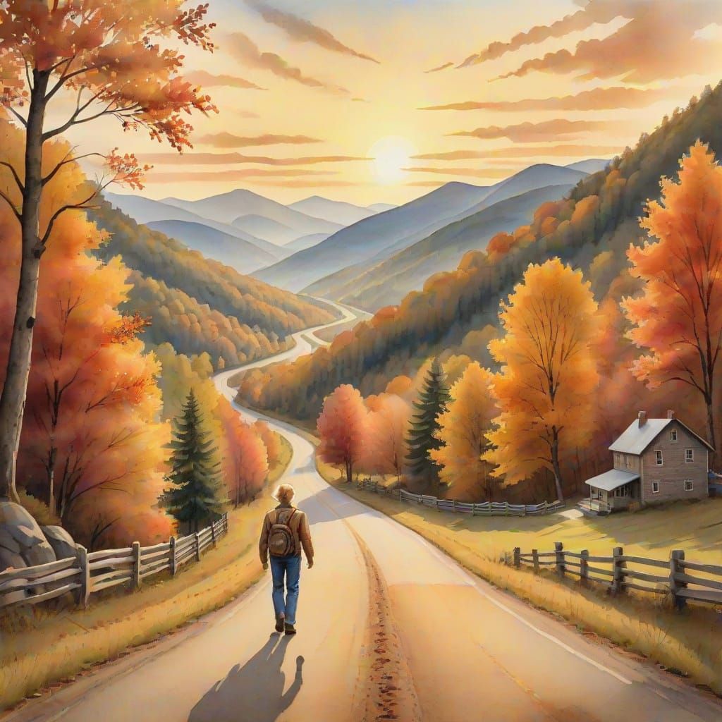 West Virginia Countryside Sunset in Watercolor Style