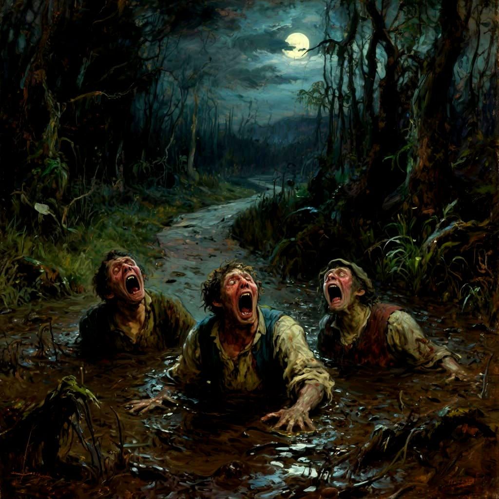 Hillbillies Terrorized in Moonlit Swamp Oil Painting
