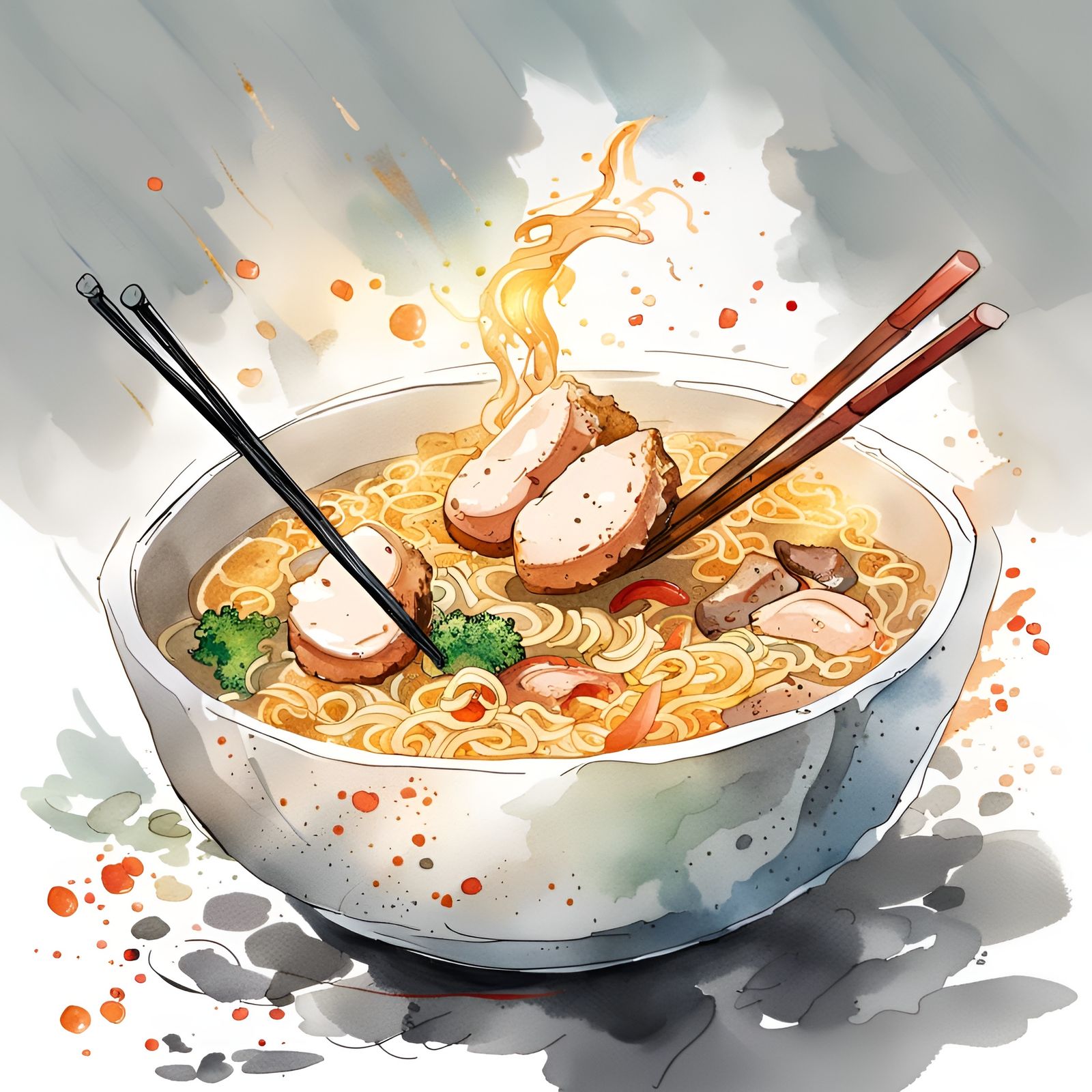 a bowl of chicken ramen with two chop sticks in, steaming, painted in style of quentin blake watercolour art. on a plain...
