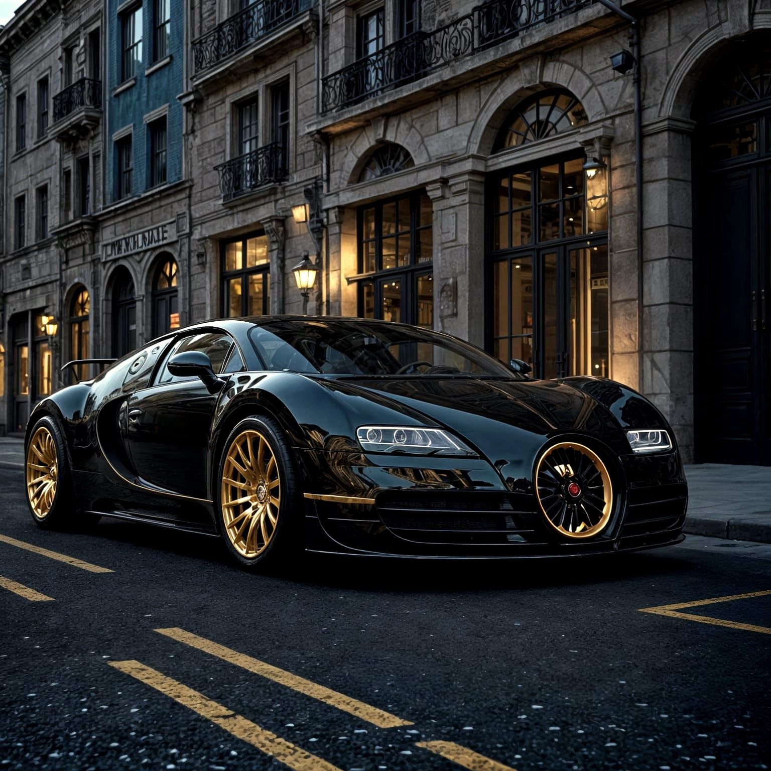 Black Bugatti Veyron with Gold Rims in 8K