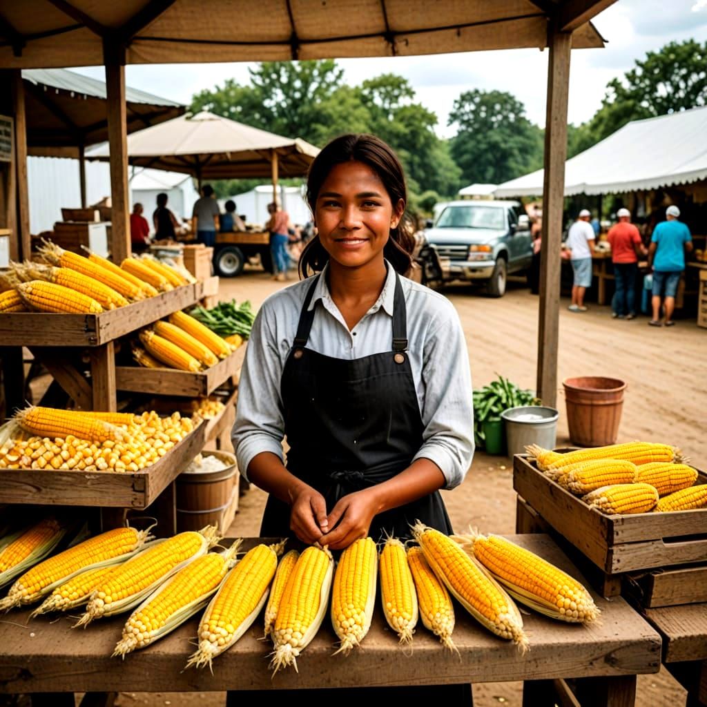 Farm Girl Selling Corn at a Food Stand
