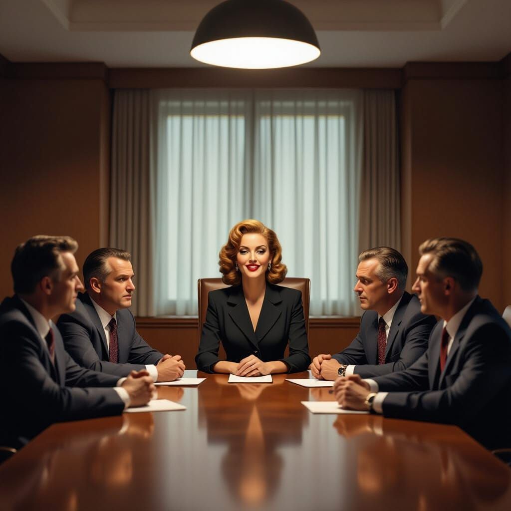 Glamorous Woman Dominates 1950s Boardroom