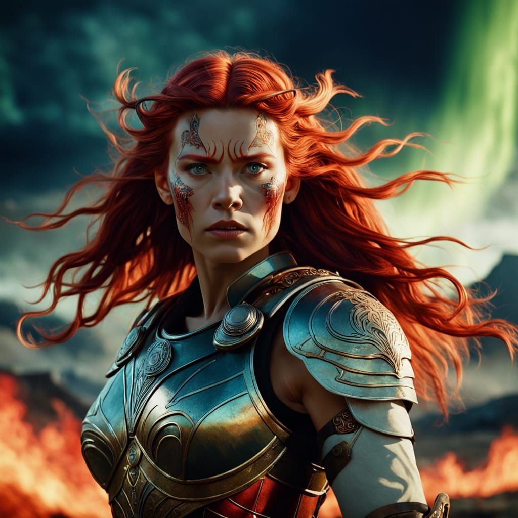 Valkyrie Warrior on Battlefield in Art Nouveau Style