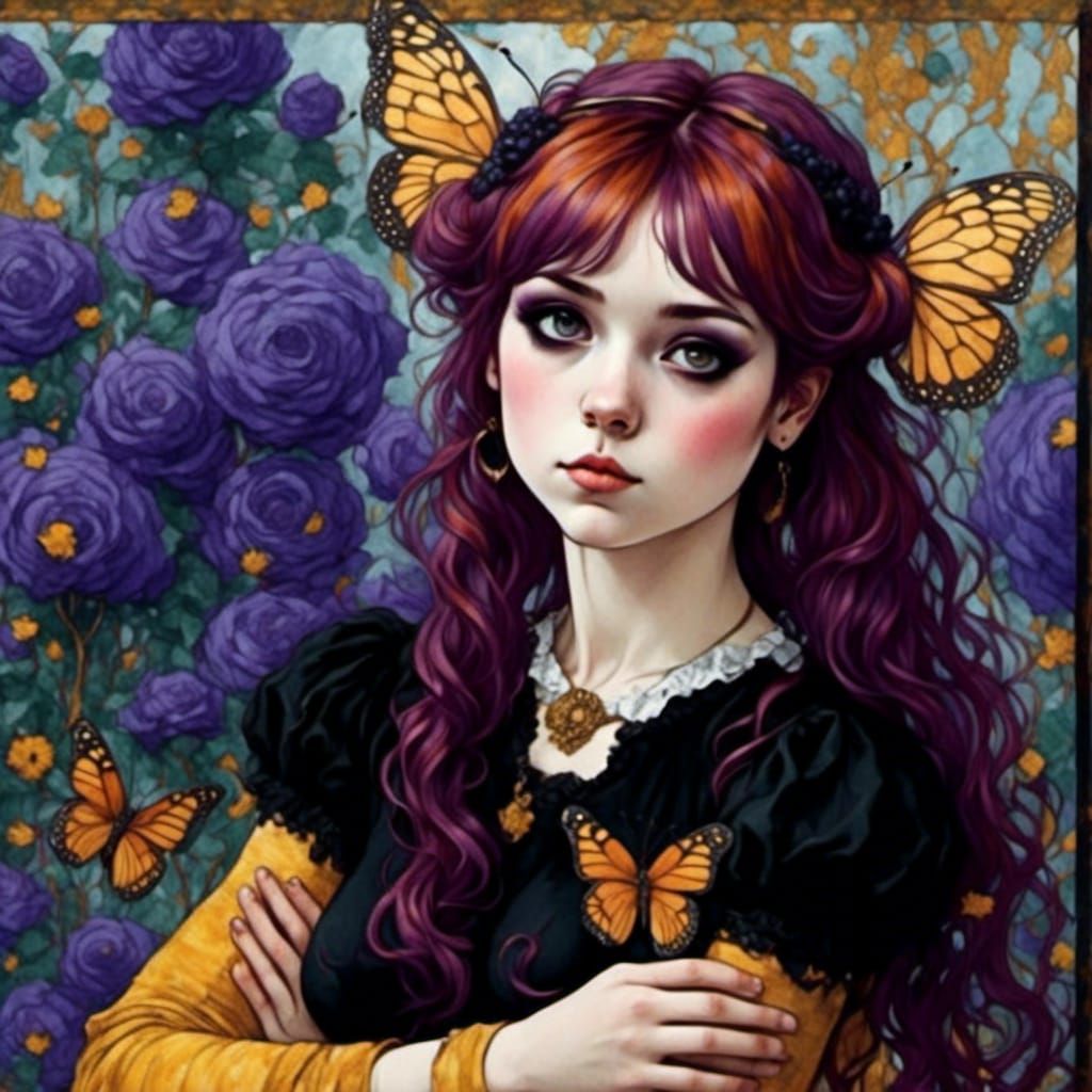 Anime Angel with Butterflies in Art Nouveau Style