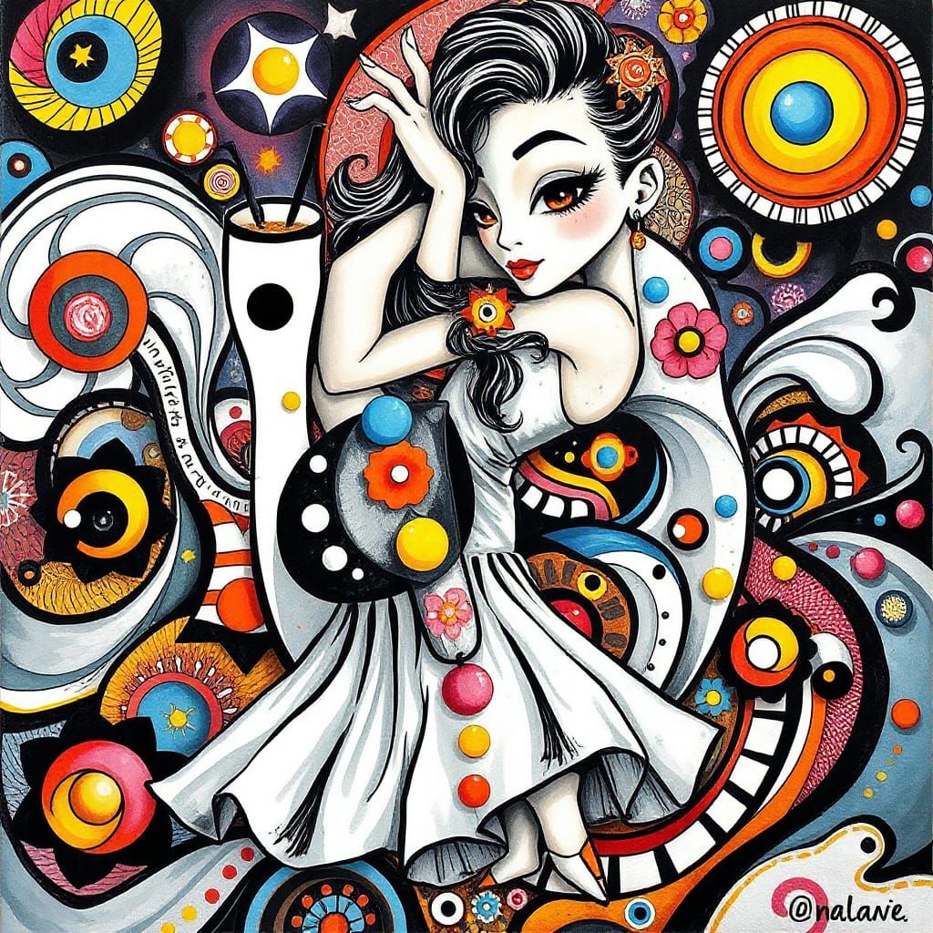 Psychedelic Woman in Flowing Dress: Hand-Drawn Gouache Art