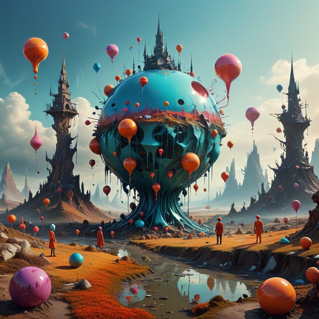 Surreal Dreamscape with Whimsical Figures and Melting Forms