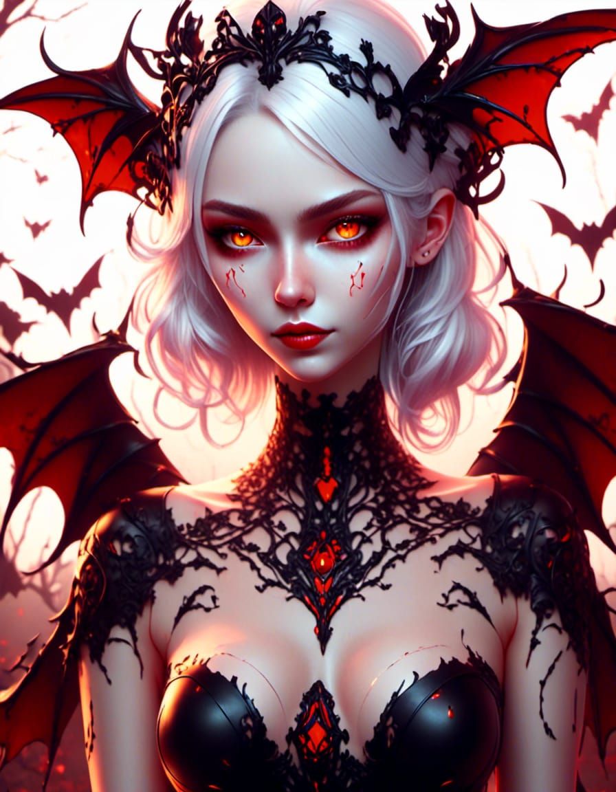 Manga comic Beautiful Vampire Queen, white hair, red eyes, black and red evening dress, bat wings, 8K resolution orange,...