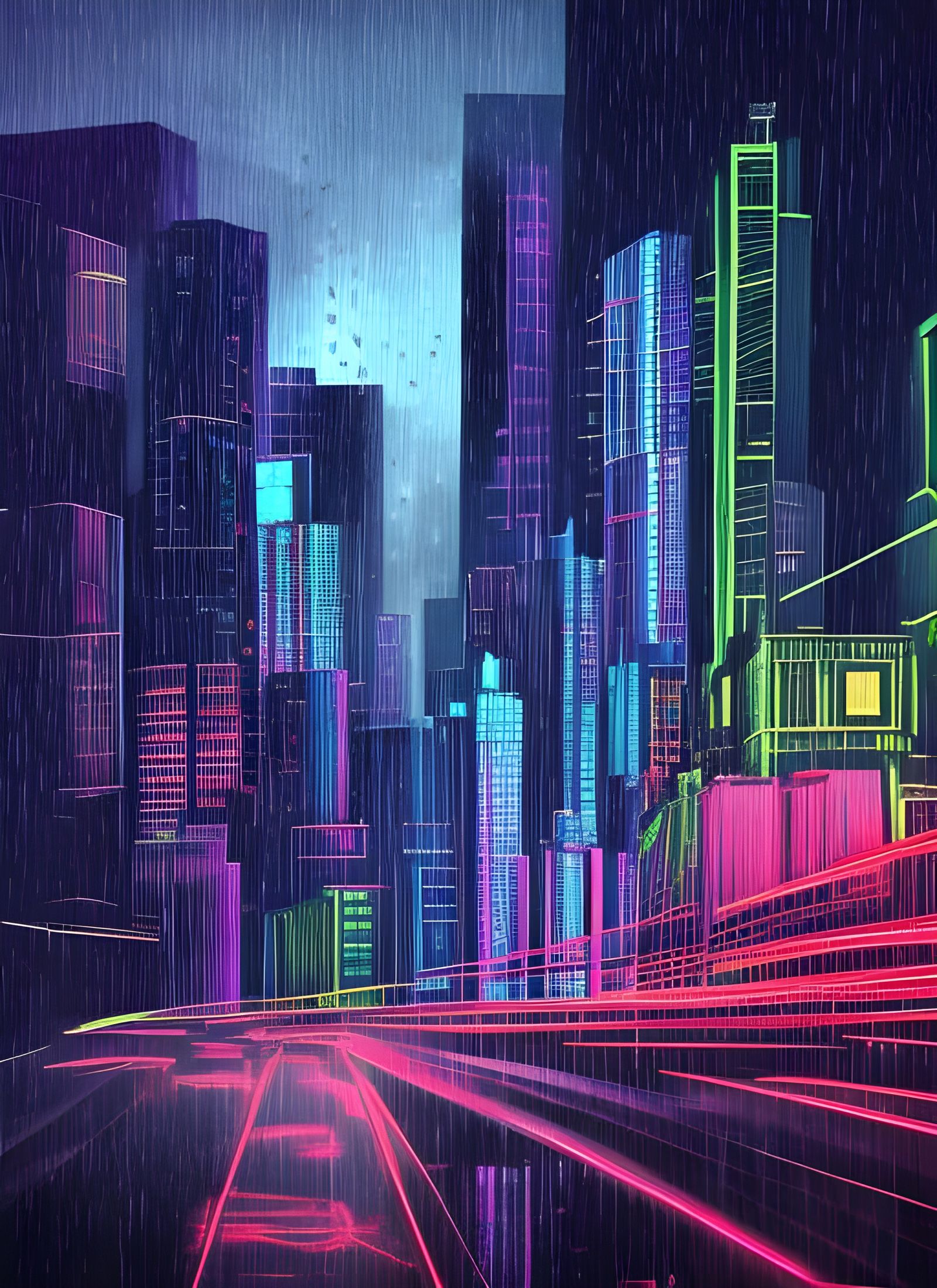 Cyberpunk Metropolis: Neon Lights in Rainy Cityscape