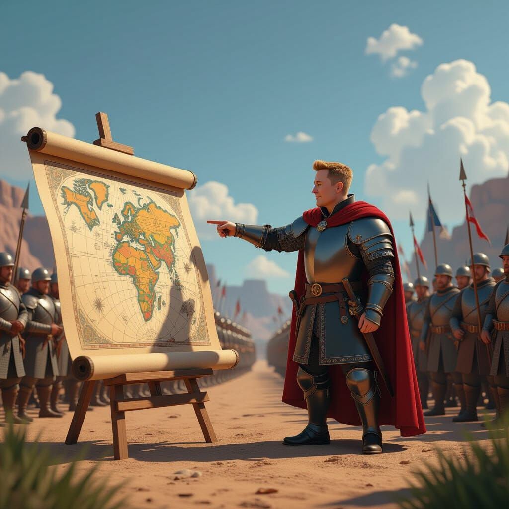 Elon Musk Medieval Map Strategy in Pixar-Inspired 3D Art