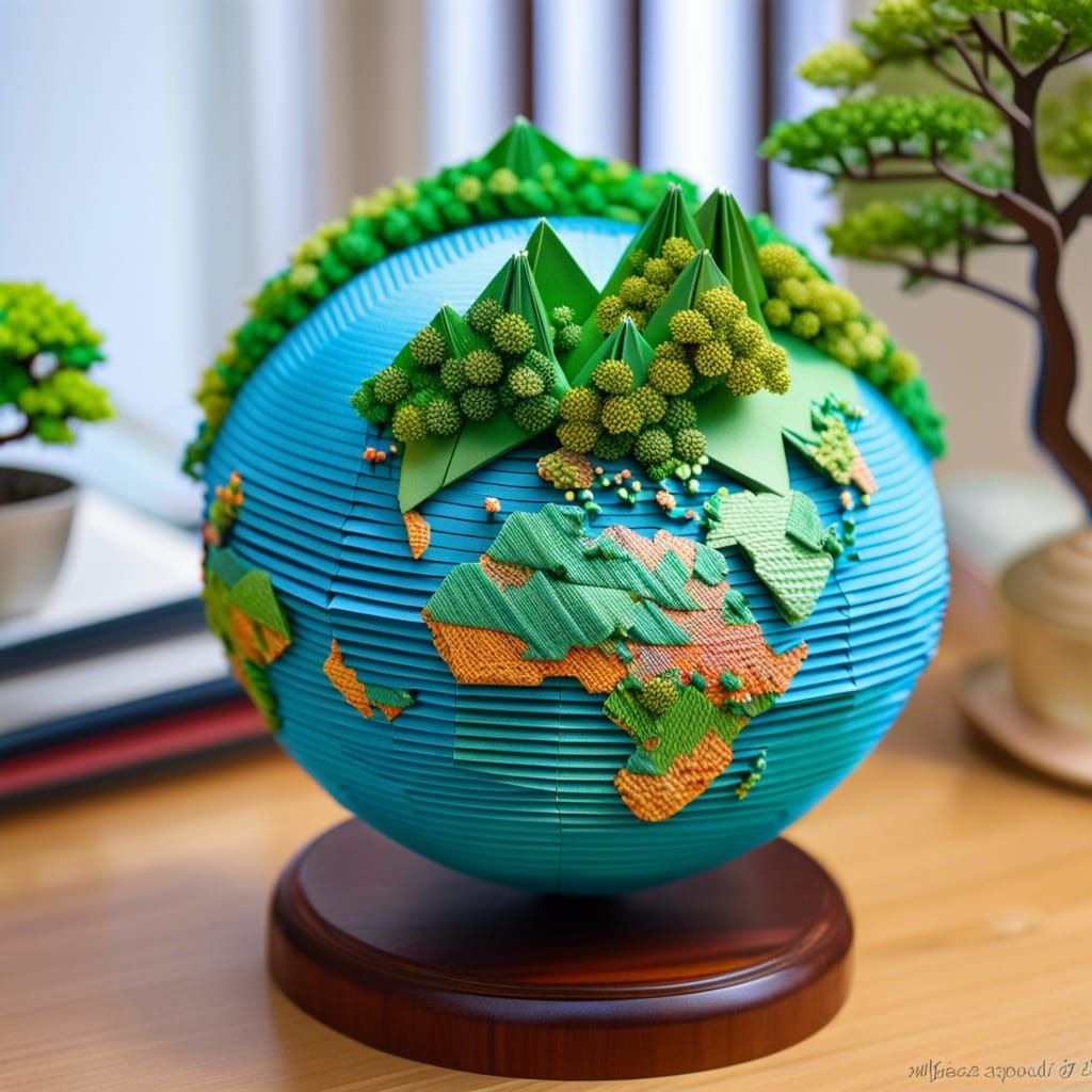 Detailed 3D Origami Globe on Wooden Stand