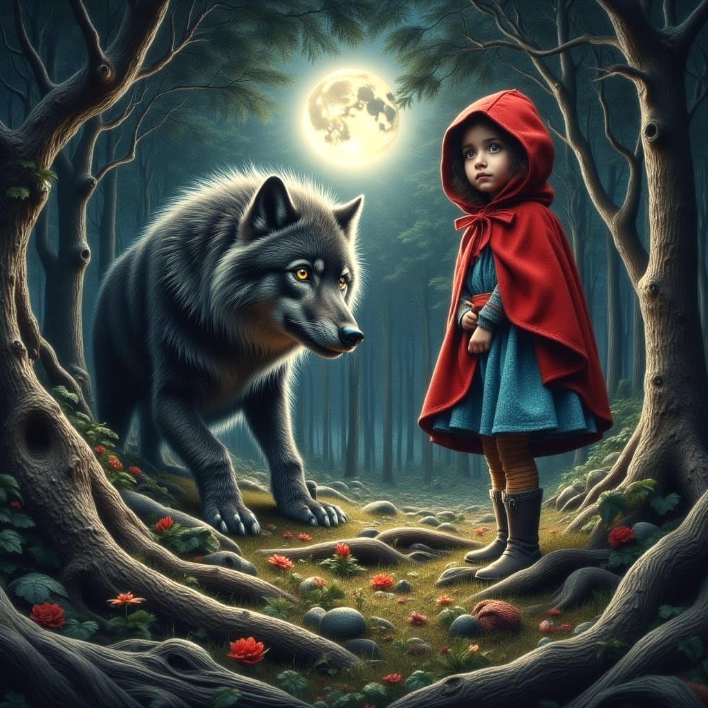 Hyperrealistic Portrait of Little Red Riding Hood and the Bi...