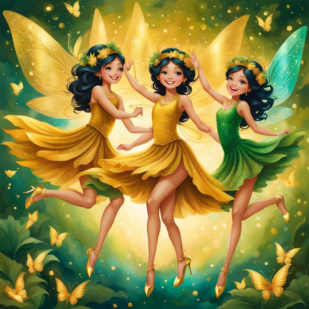 Dancing Pixie Children Spreading Gold Dust