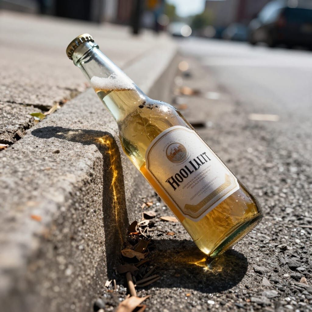 Hyperrealistic Beer Bottle Rolling Down Grimy City Street