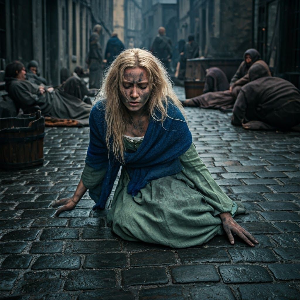 Medieval Woman Collapses Amidst Post-Apocalyptic Ruin