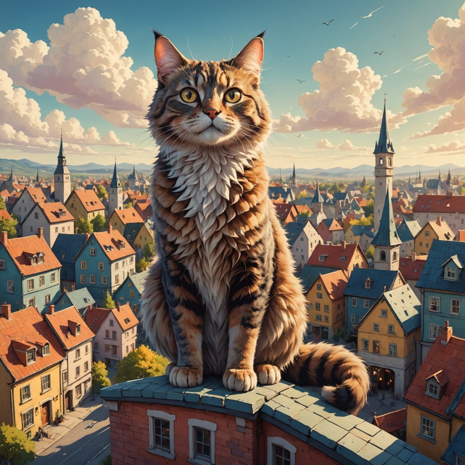 Giant Cat Towers Over Town: A Whimsical Digital Illustration