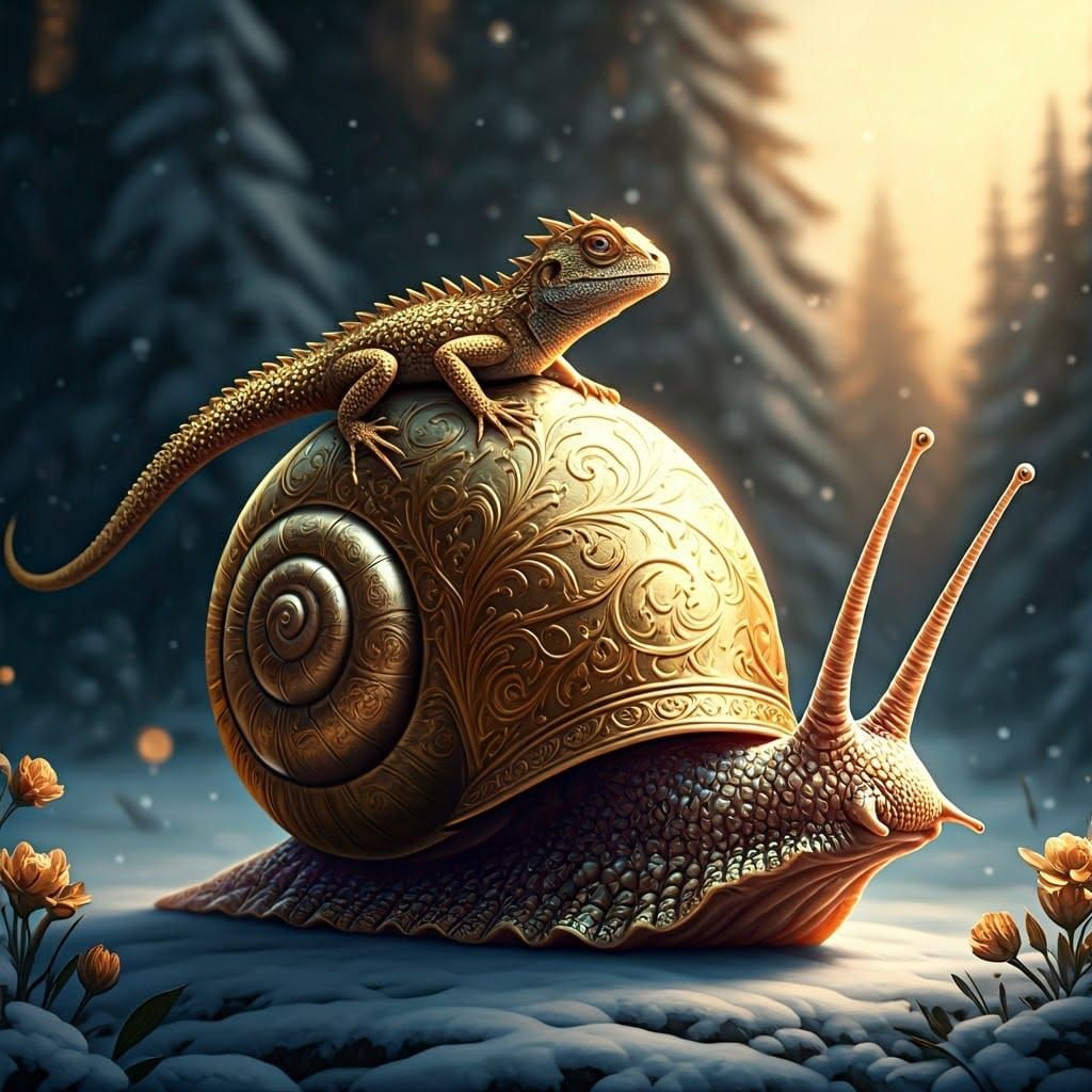 Golden Snail with Dragon-Lizard Rider in Winter Wonderland