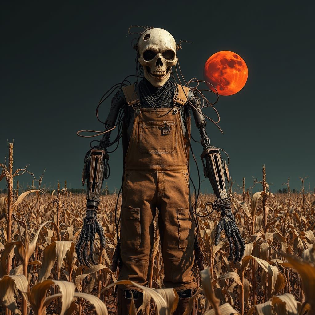 Biomechanical Scarecrow in Decaying Cornfield, Dark Surreali...