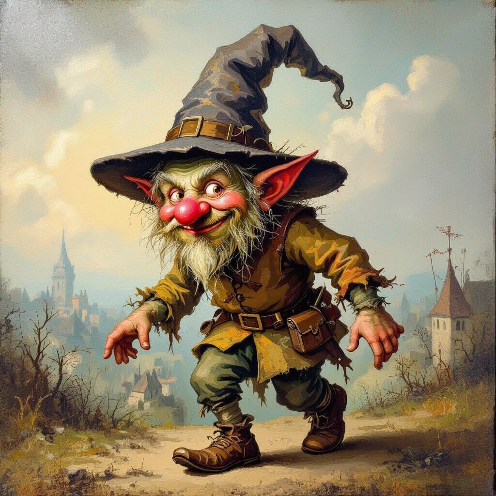 Drunken Hobgoblin Stumbles in Whimsical Oil Painting