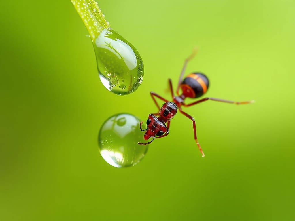 Ant Drinking Dewdrop: Macro Photography Close-Up