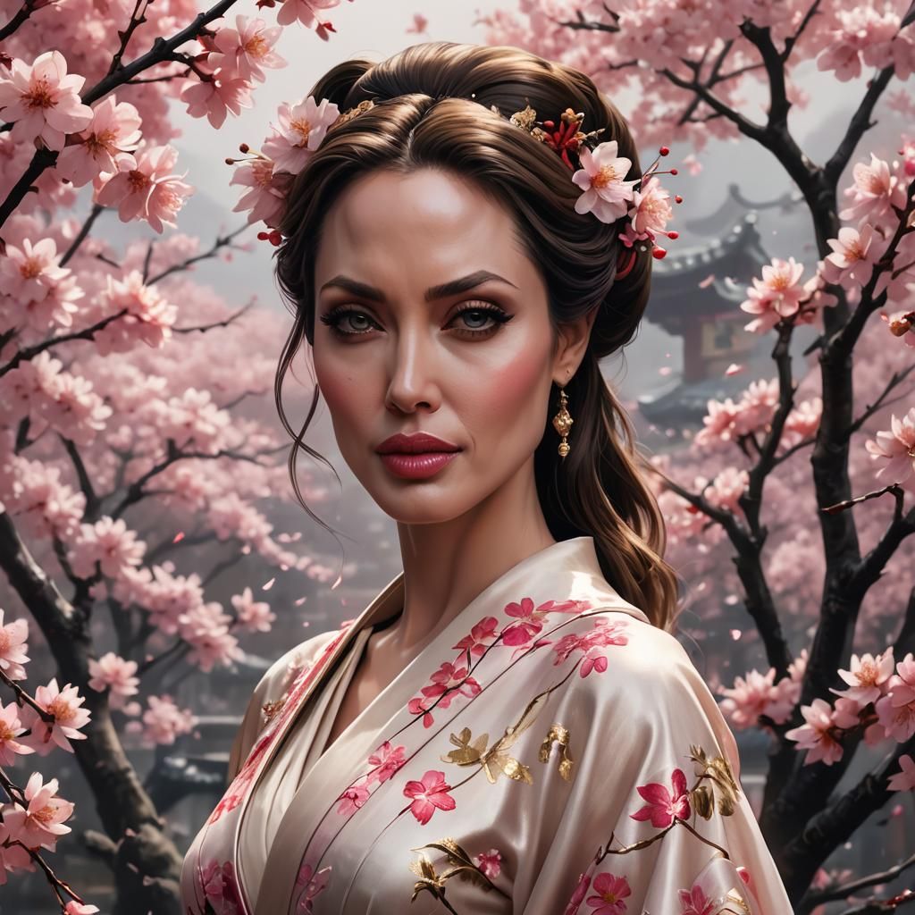 Geisha Portrait in Cherry Blossom Garden