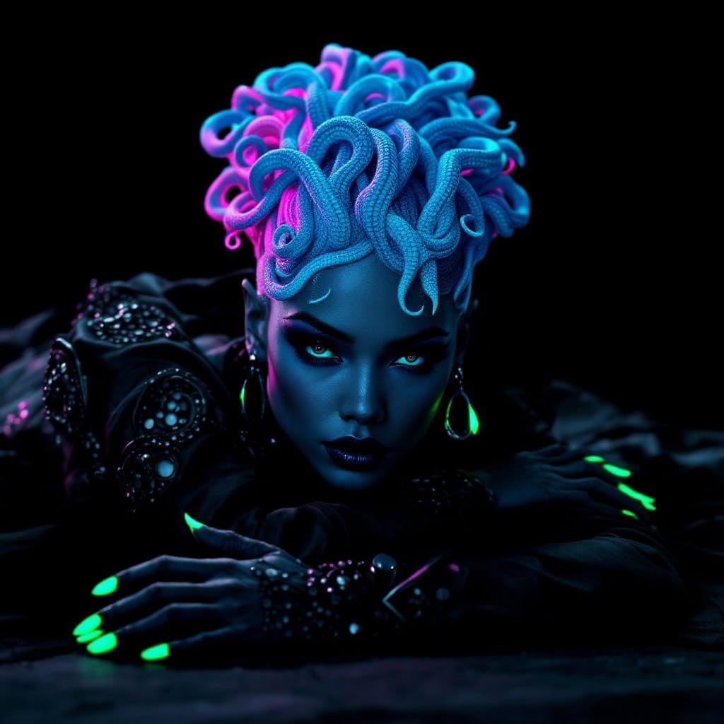 Woman with Neon Hair, Glowing Strands, and Enigmatic Express...