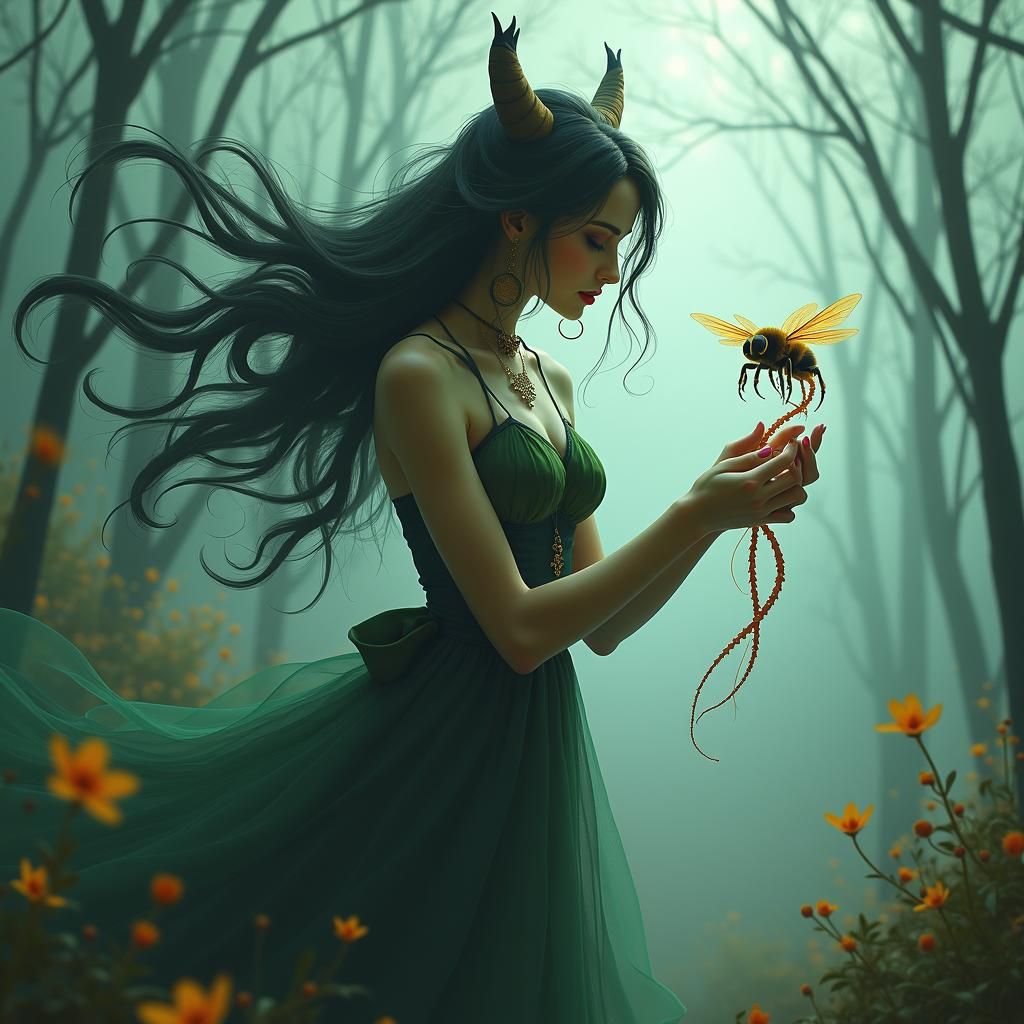 Ethereal Creature with Bee in Dreamlike Mist