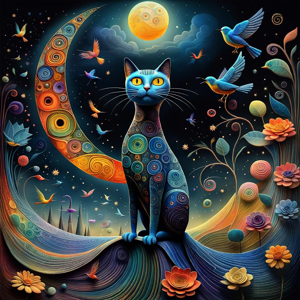 joy cat and harmony bird dreamscape, dark background no moon, Salvador Dali collaboration Paul Klee and Tim Burton, colo...