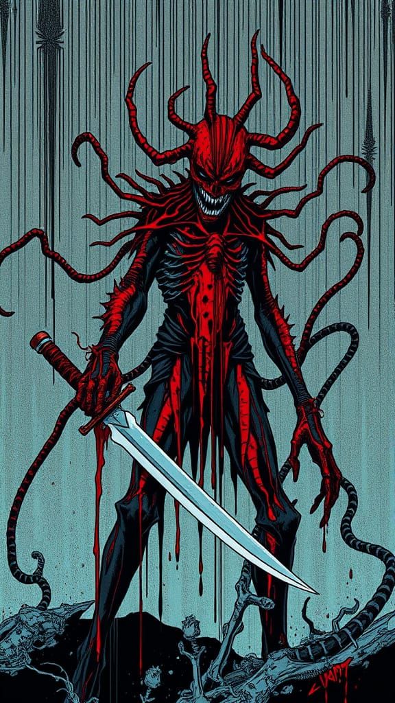 Grotesque Horror Figure Trapped in Cyberpunk Nightmare