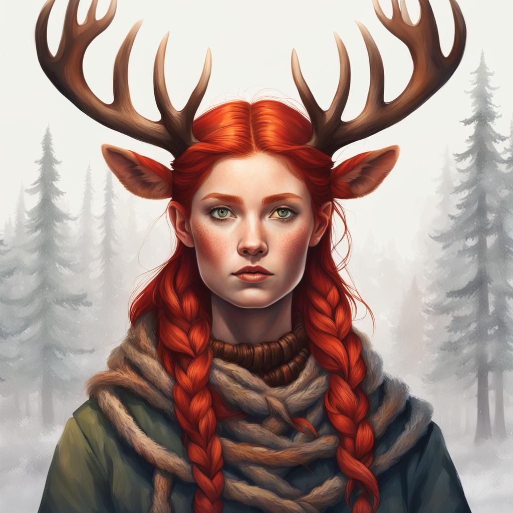 Red-Haired Woman with Antlers in Digital Art