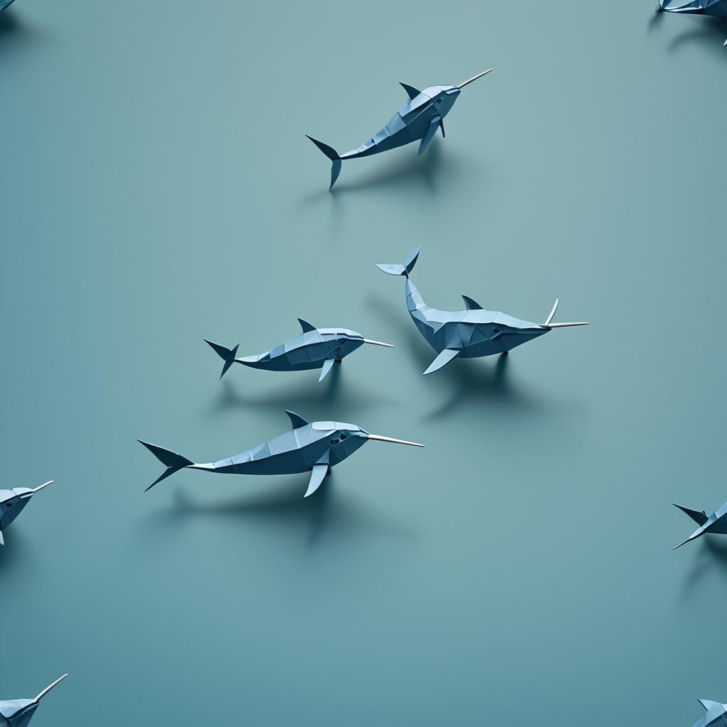 Narwhals Swimming in Blue Ocean Origami Papercraft Style