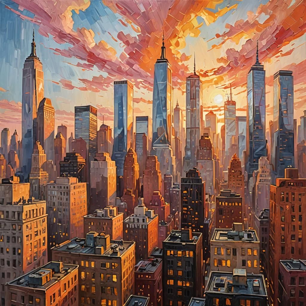 New York Sunset: Expressionist Oil Painting