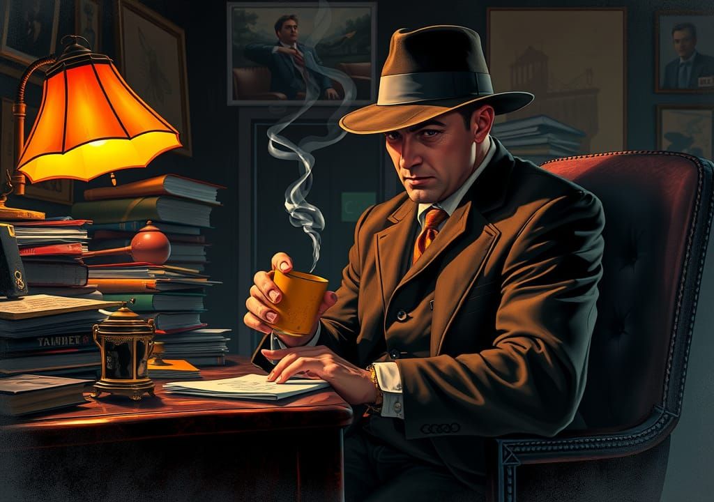 Private Detective in Smoky Office, Vintage Pulp Art